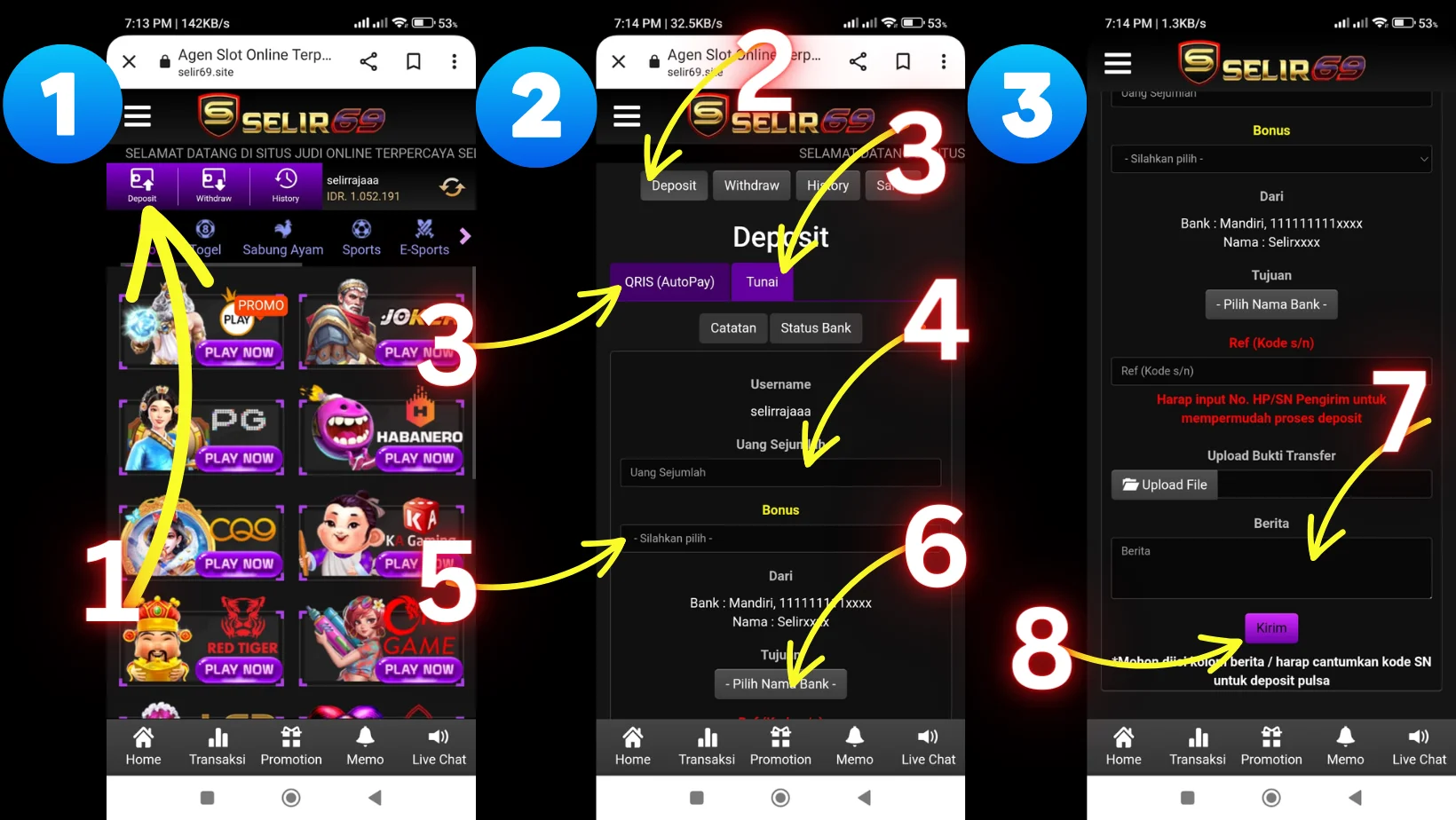 Panduan visual deposit QRIS di Selir69 dengan langkah bernomor 1 sampai 8 pada tampilan mobile